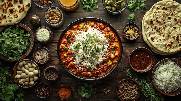 Photo overhead view of festive biryani feast