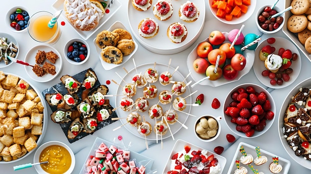 Photo overhead view of a festive dessert table with a variety of sweet treats and fruit