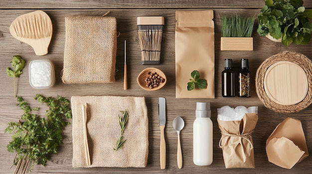 Photo an overhead view of a flat lay showcasing ecofriendly and sustainable living products including reusable bags natural cleaning supplies and wooden utensils arranged on a rustic wooden t