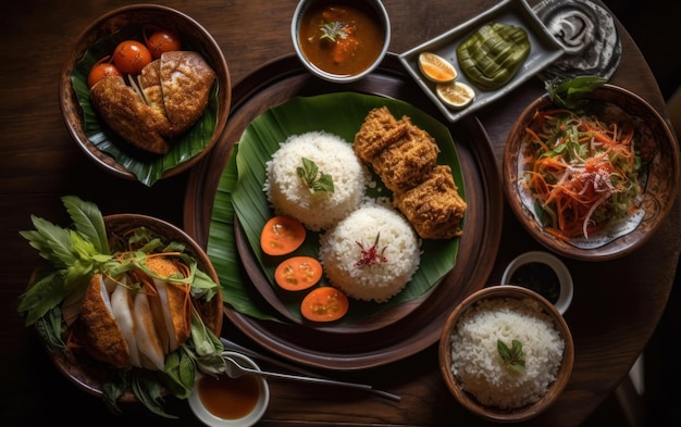 Overhead view of food served in bowl on table