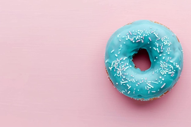 Photo overhead view of fresh blue donut on pink background