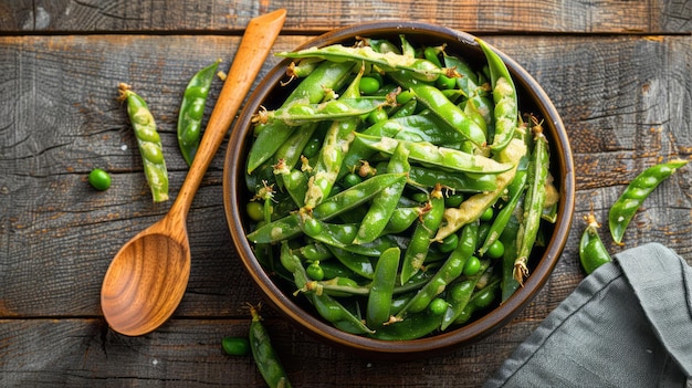 Photo overhead view of fried pea pods with wooden spoon in container on table