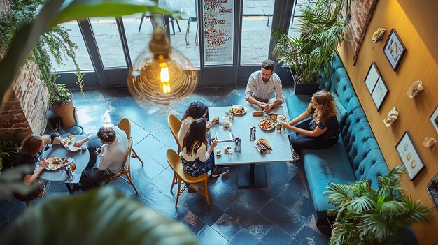 Photo overhead view of friends enjoying a meal in a cafe