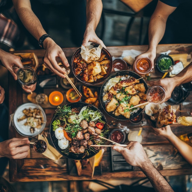 Photo overhead view of friends enjoying various asian dishes