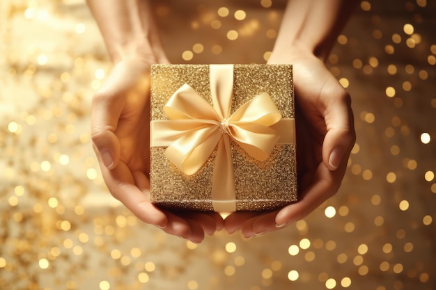 overhead view of hand holding a luxury gift box with bow against a christmas background