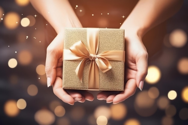 overhead view of hand holding a luxury gift box with bow against a christmas background