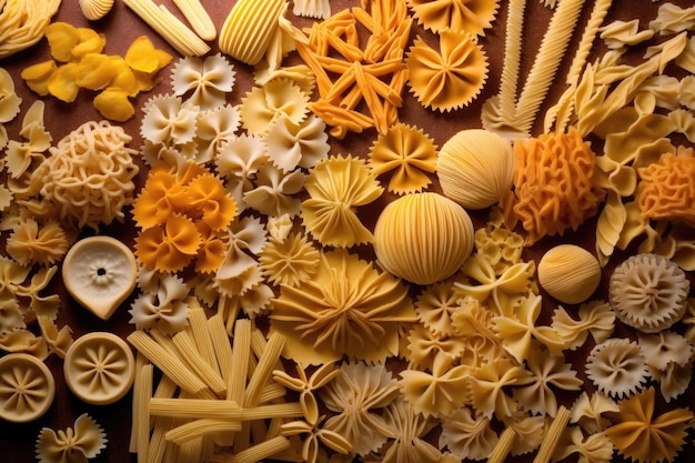 Overhead view of handcut pasta shapes created with generative ai