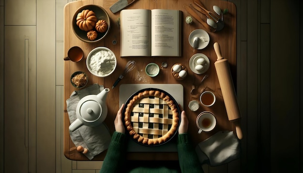 Overhead view of hands in oven mitts holding a baked pumpkin pie surrounded by ingredients and uten