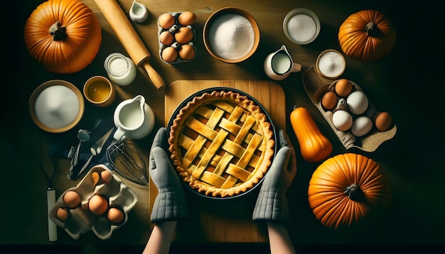 Overhead view of hands in oven mitts holding a baked pumpkin pie surrounded by ingredients and uten