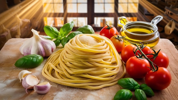 An overhead view of ingredients for making italian pasta on wooden background