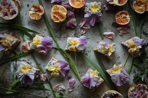 Photo an overhead view of iris flower bouquet with delicious cake slices