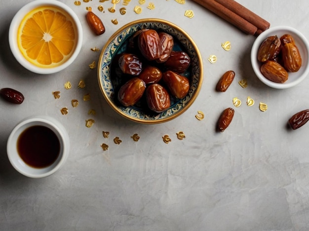 Photo an overhead view of juicy delicious dates and nuts in metallic bowl on concrete background