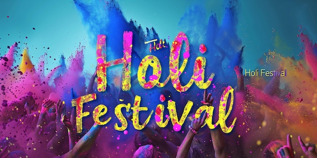 Photo overhead view of a lively holi celebration with people splashing colorful powder featuring holi festival fun written in vibrant font leaving room for text below