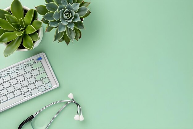 Photo overhead view of medical desk with succulent plant and wireless keyboard on green surface