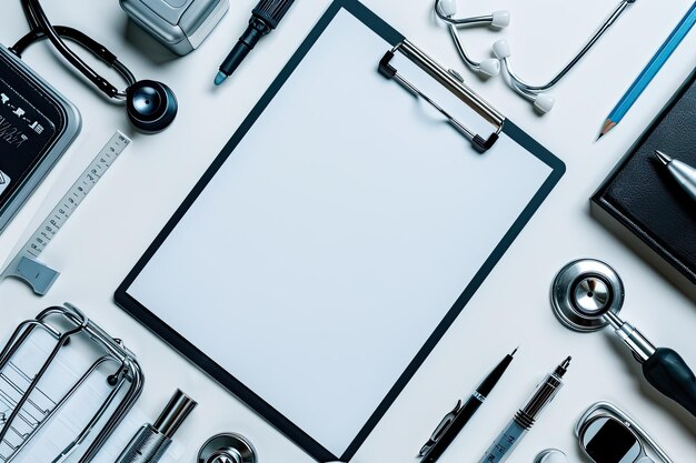 Photo an overhead view of medical equipments with clipboard on white background