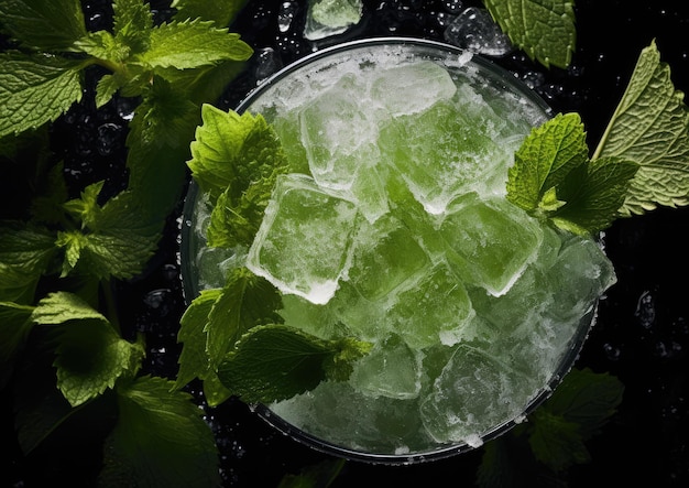 An overhead view of a Mint Julep surrounded by crushed ice highlighting its refreshing nature