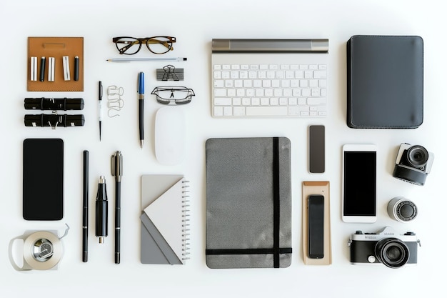 An overhead view of modern office paraphernalia neatly arranged including gadgets stationery and accessories emphasizing organization and contemporary style