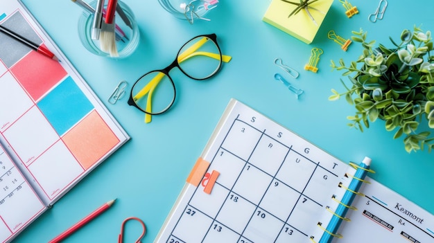 An overhead view of an office desk with a calendar pens glasses and other office supplies on a blue surface Generative AI