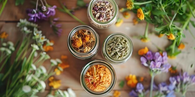 Photo overhead view of open jars with natural treatments and botanicals scattered concept botanical jars natural treatments overhead view organic skincare lifestyle photography