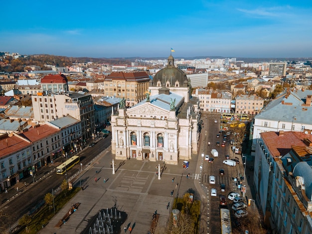 Overhead view of opera building in Lviv city