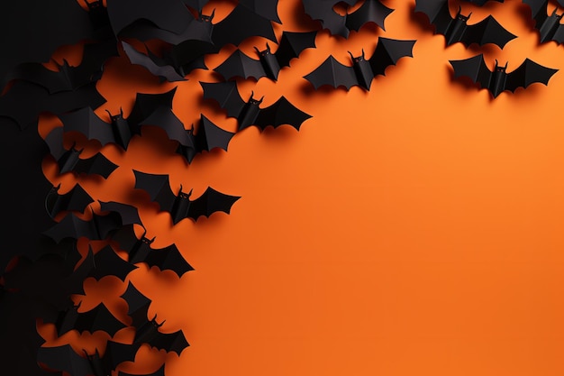 Overhead view of paper bats on solid color with Halloween message