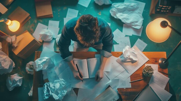 Photo overhead view of a person surrounded by papers deep in study or work in a cluttered space