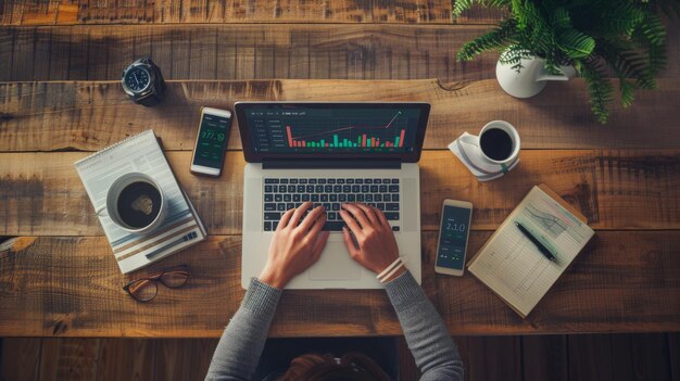 Overhead view of a person working on a laptop at a wooden desk surrounded by a coffee cup smartphone glasses a plant and business reports