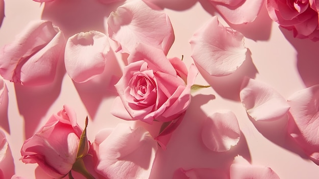 Overhead view of pink roses flowers petal natural cosmetic concept Generative AI