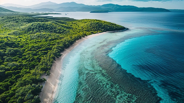 An overhead view of a pristine coastline with turquoise waters white sandy beaches