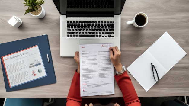 Overhead view of a professional setting where a person is analyzing a document with charts and graphs next to a laptop