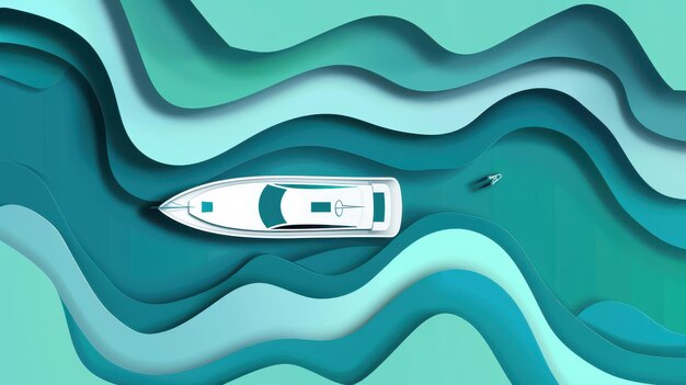 Photo overhead view of a river and yacht in a 3d paper cut design