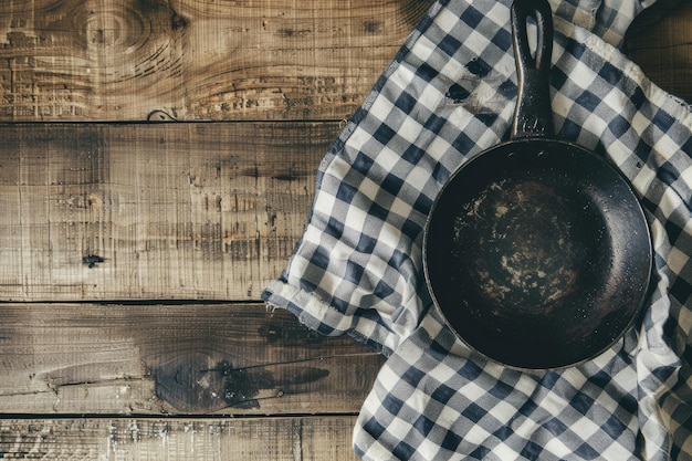 Photo overhead view of a rustic skillet and checkered cloth set on a weathered wooden table evoking a homely and nostalgic atmosphere