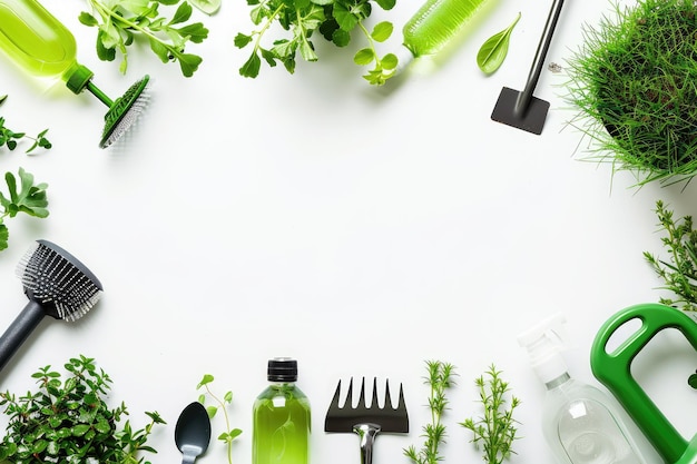 Overhead view shovel gardening fork pruner watering can turf spray bottle on white backdrop