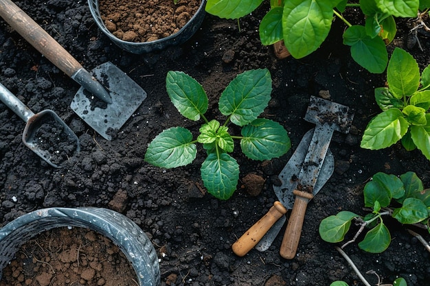 Overhead view of soil and plant with gardening equipments on table