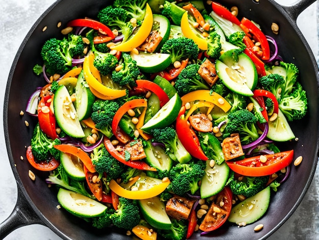 Photo an overhead view of stirfry salad in a pan