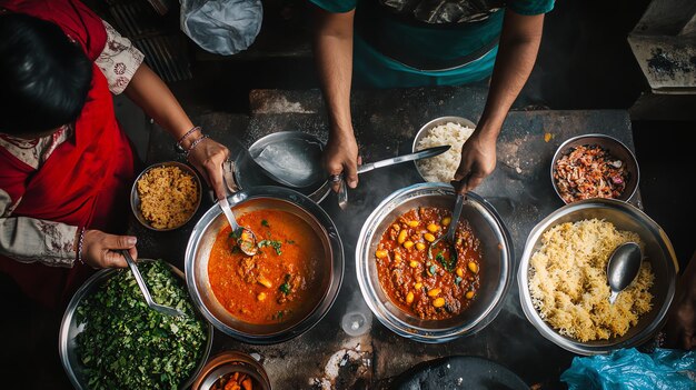 Photo overhead view of street food vendors preparing dishes