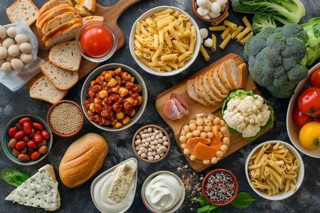 Photo overhead view of unhealthy and healthy food over the background