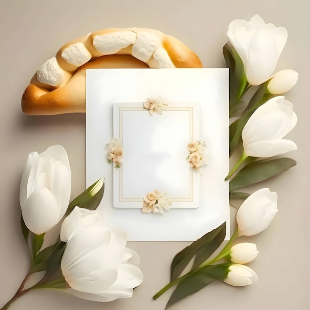 An overhead view of the white card a blank sheet of paper There are flowers lying around