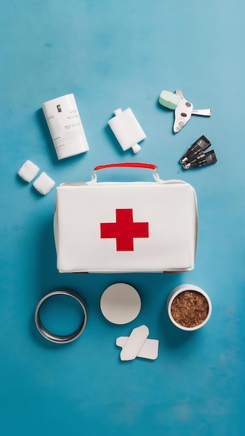 Photo overhead view of white first aid kit on blue backdrop