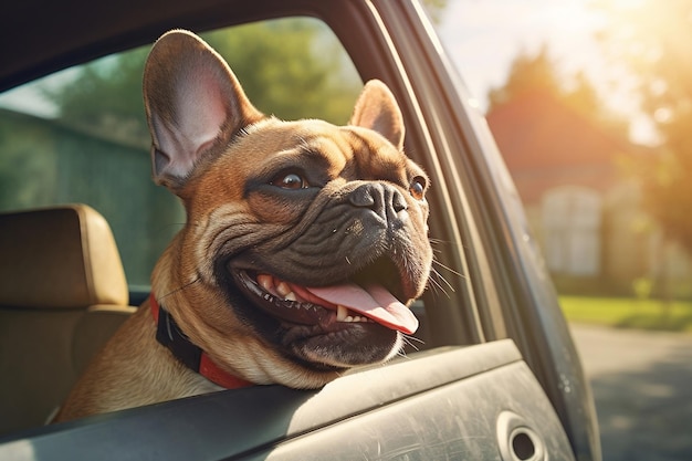 Overheated Frenchie French Bulldog Panting Inside Locked Car in Distress Generative AI