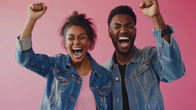 Overjoyed couple celebrates triumphantly against a pink background