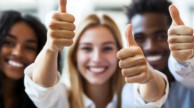 Photo overjoyed diverse employees showing thumbs up recommend good company service