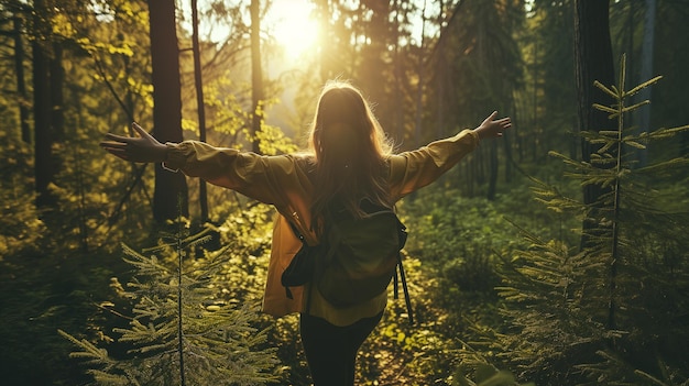 Overjoyed happy woman enjoying the green beautiful nature woods forest around her concept of female people and healthy natural lifestyle Ai generated