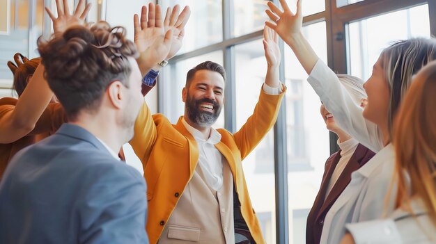 Photo overjoyed multiethnic businesspeople give high fives during engaged teambuilding activity in corporate office setting concept of successful and positive corporate culture