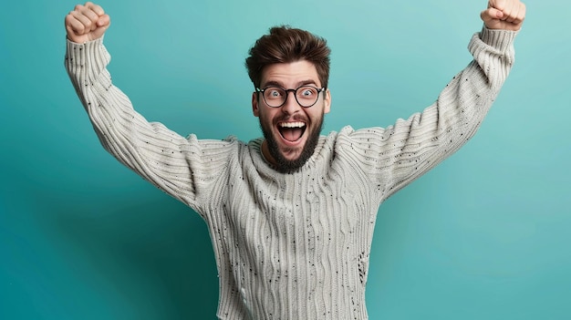 Overjoyed Young Man with Beard in Casual Attire