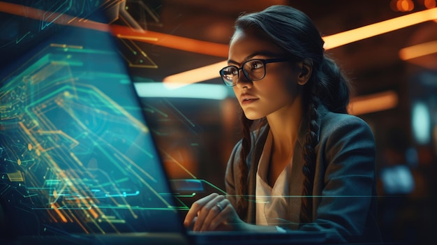 Overlay futuristic Female IT Programer Working on Desktop Computer