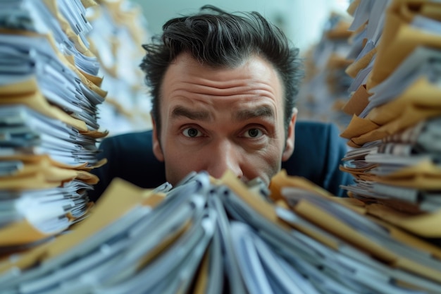 Photo overloaded businessman drowning in a sea of work swamped by a pile of files