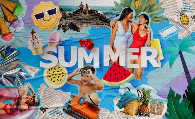 Overloaded collage with summertime essentials and people