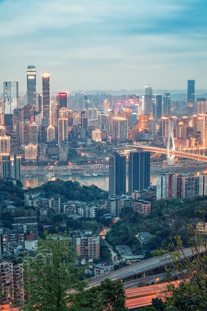 Overlooking the night view of modern buildings in Chongqing Financial Center