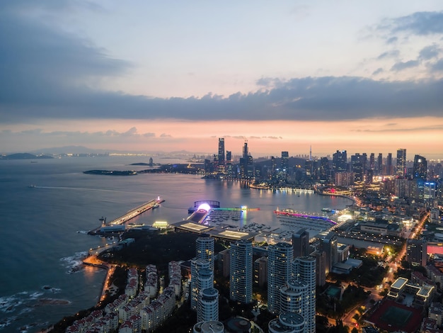 Overlooking the night view of Qingdao City Coastlin